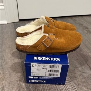 Birkenstock Boston Suede Fur Lined Clogs in Brown
